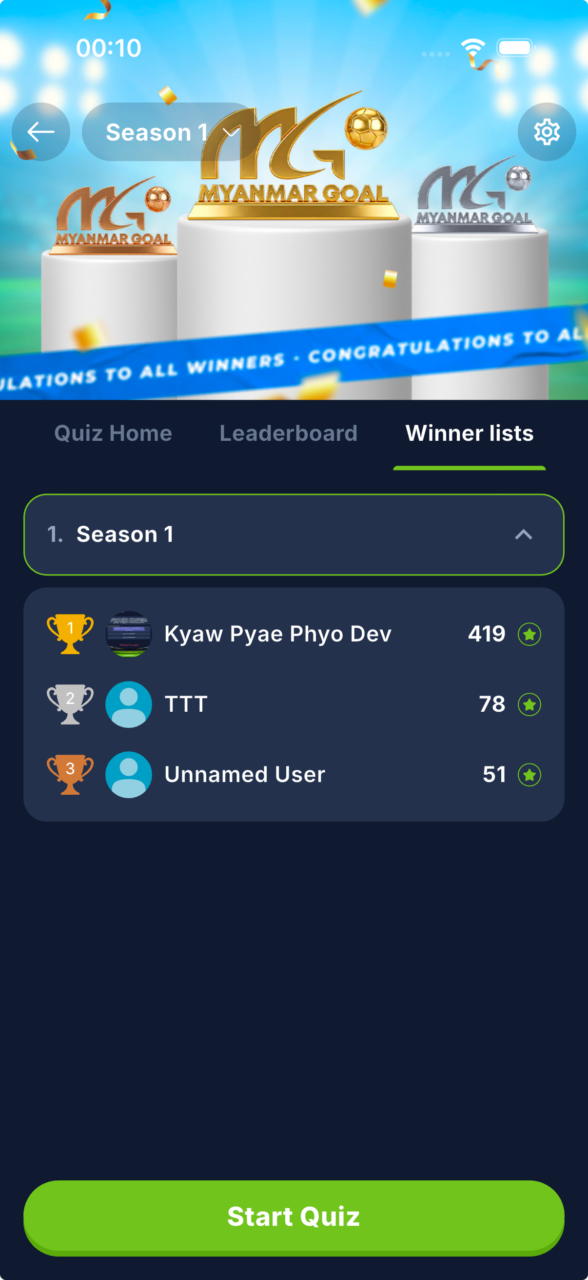 Season winner list with the top three players and trophies